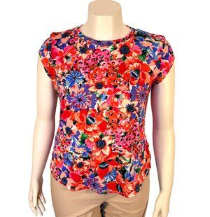 Blue Sol Printed Tee Shirt Womens PL Red Pink Blue Vibrant Floral Cap Sleeve